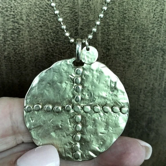 Gold ball chain necklace and 1-3/4” disk w/dotted cross & tiny charm by Chico’s - Picture 10 of 10